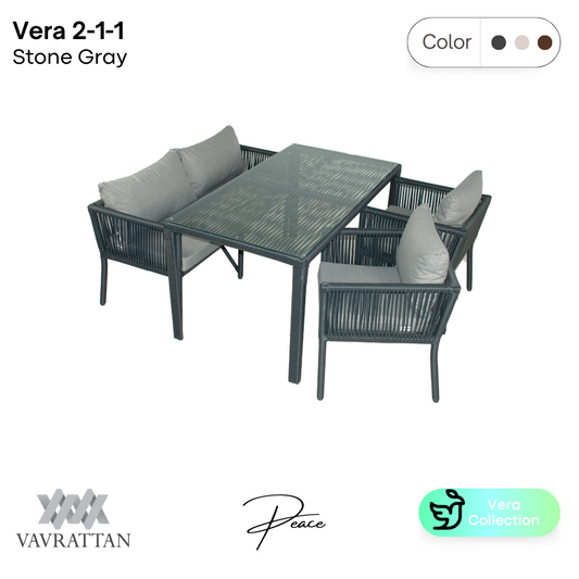 Vera 2+1+1 Rattan Bahçe Balkon Yemek Takımı - Taş Gri - VAVRATTAN
